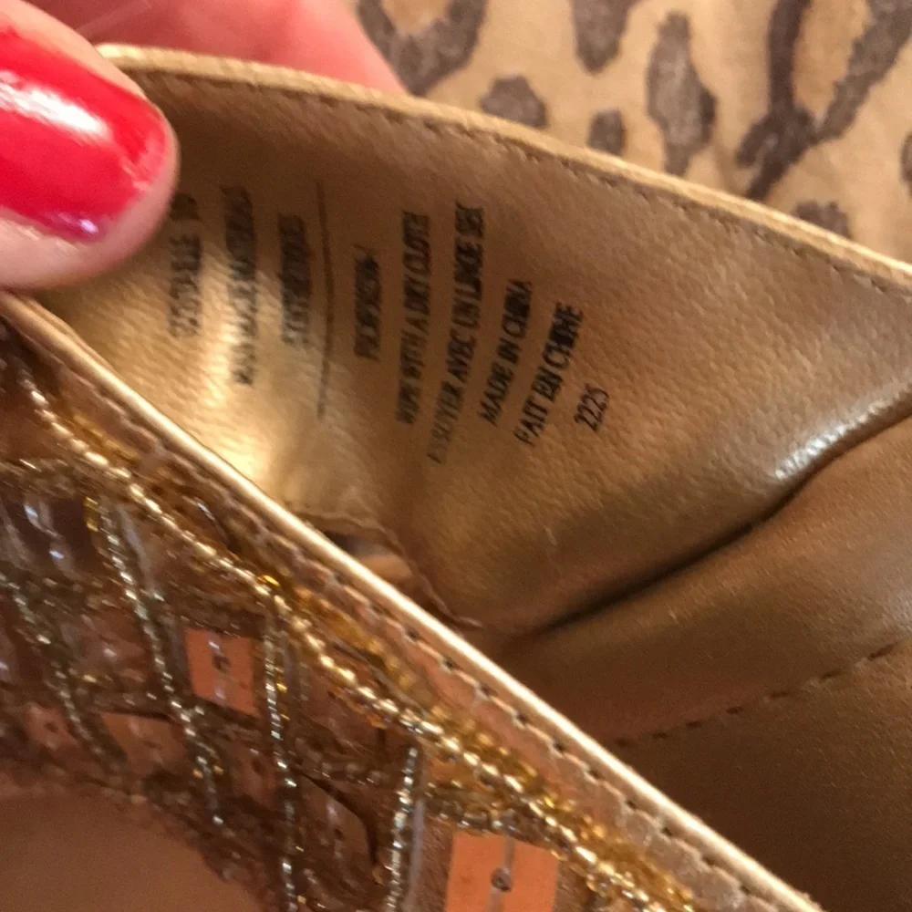 Gold sequin size 10 wedge’s with seed beads and square sequins,Cork heel
